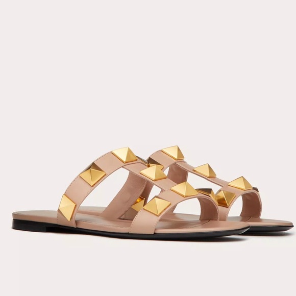 VALENTINO FLAT ROMAN STUD CALFSKIN SLIDE SANDAL - Picture 3 of 13